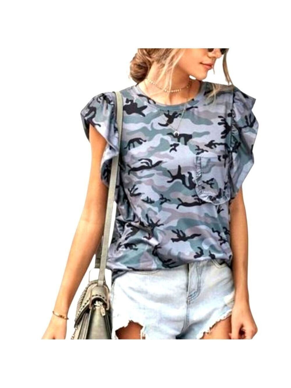 TRÏBE Gray Camouflage Print Ruffled Cap Sleeve T-shirt Top Size Medium NWT